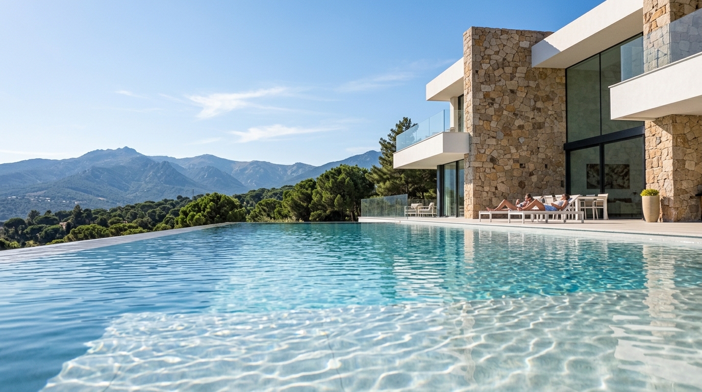 Piscina desbordante junto a la fachada de piedra, con la Sierra de Guadarrama al fondo.